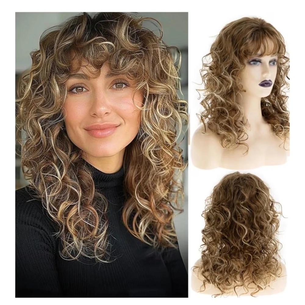 (Two) 2 Long Curly Brown Mixed Blonde Wig with Bangs Natural Looking.